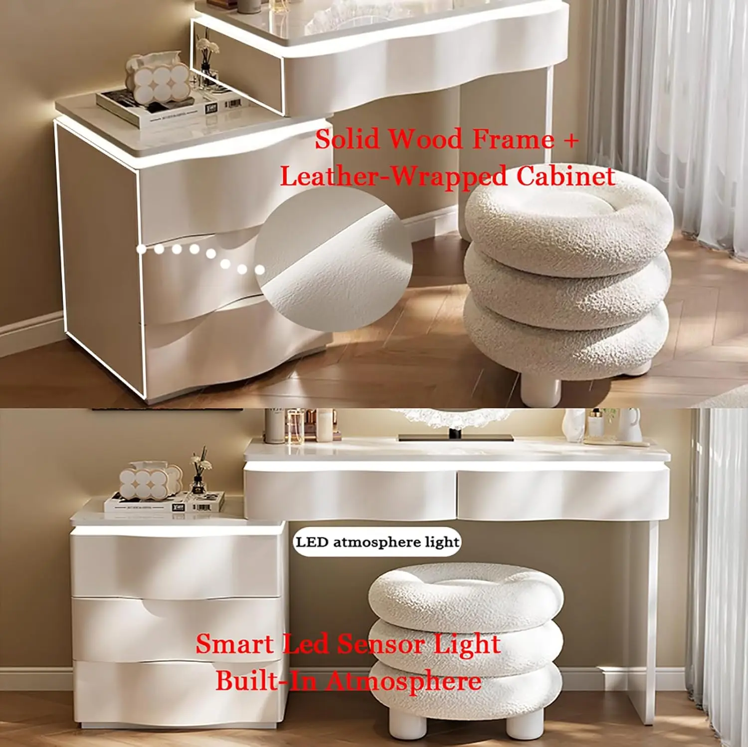 White Dressing Table with LED Lights, Vanity Desk with Stool Set, Makeup Table with Mirror and 5 Drawers, Makeup Vanity Desk wit