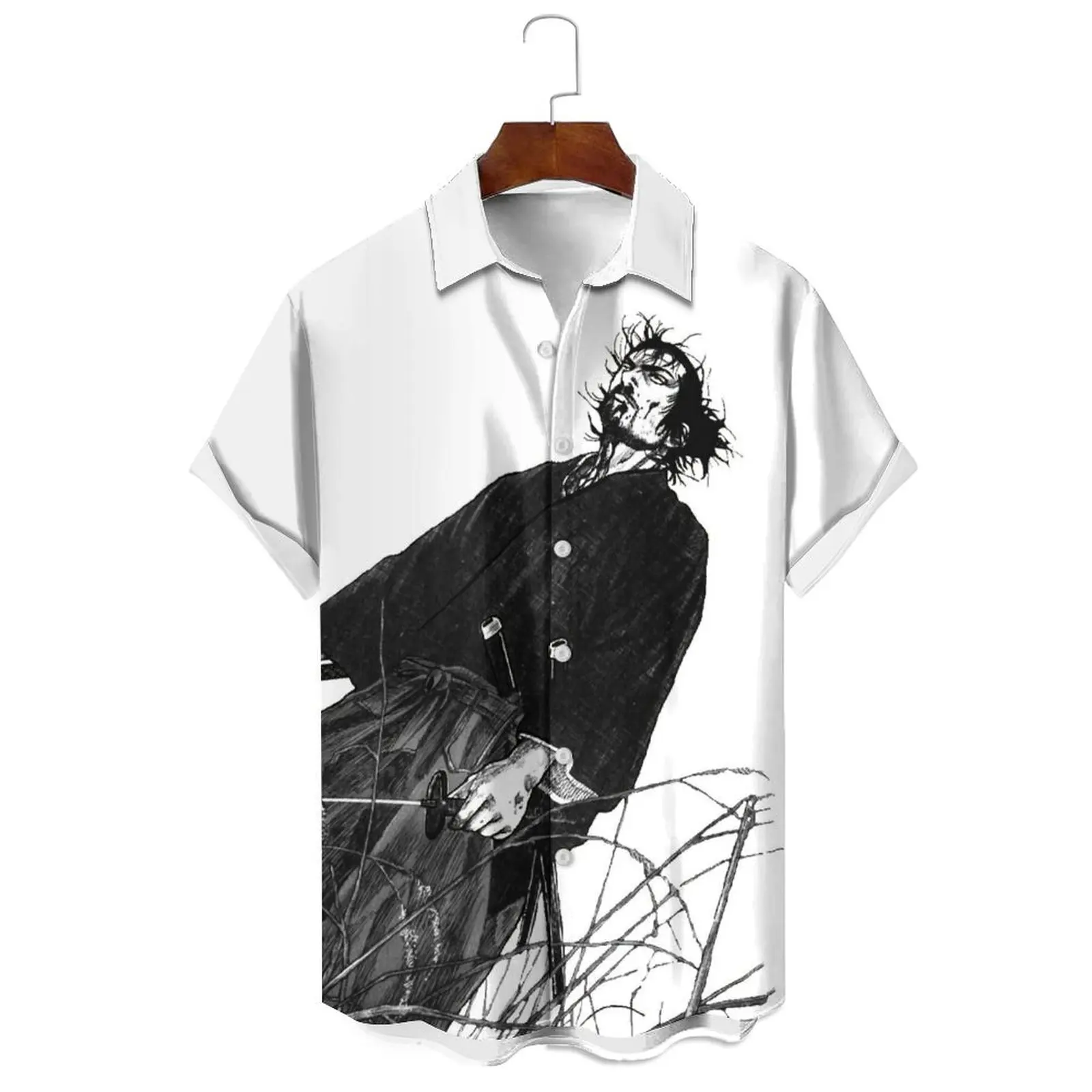 Men's Summer Loose Simple Solid Color Black And White Comic Style Warrior Element Illustration Casual Trend Short-Sleeved Shirt