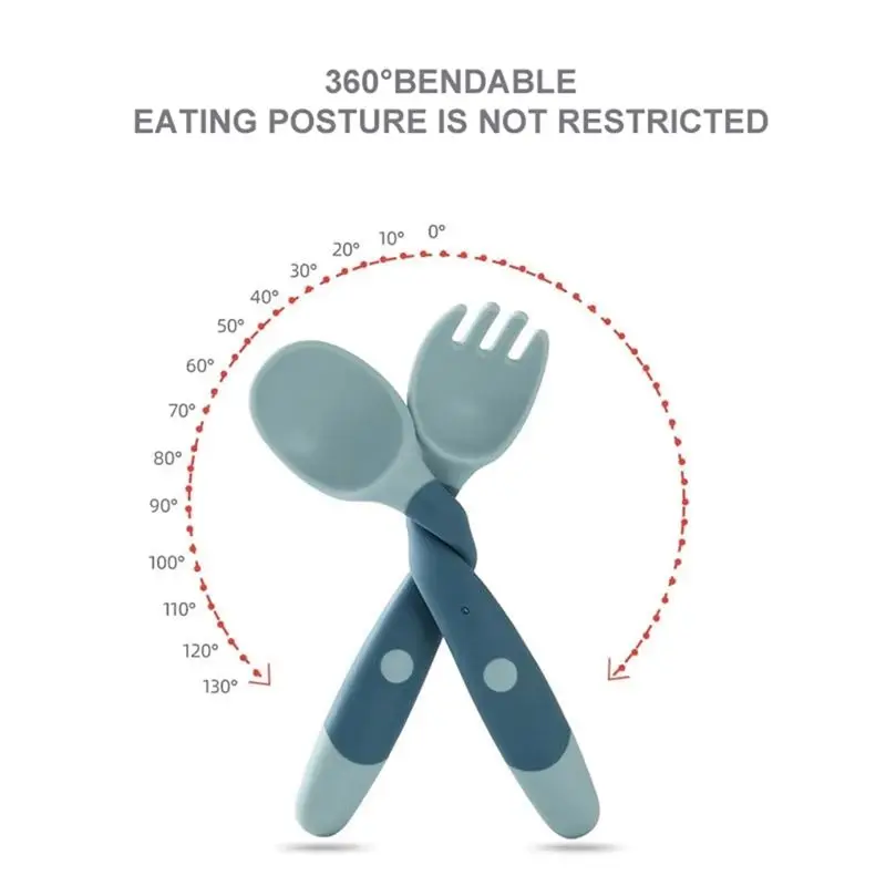 A07I Silicone & PP Children's Training Tableware Set - Soft Twist Fork And Spoon For Learning To Eat