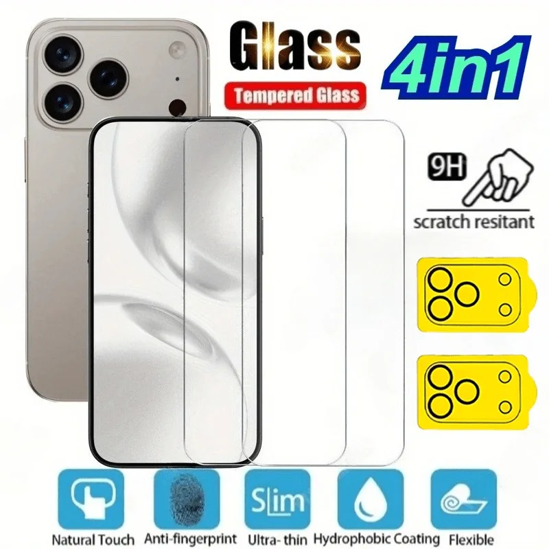 

4 in 1 HD Screen Protectors With 2Pcs Camera Lens Protector For iPhone 11 12 13 14 15 16 17 Pro Max 16 15 14Plus 16e Air Glass