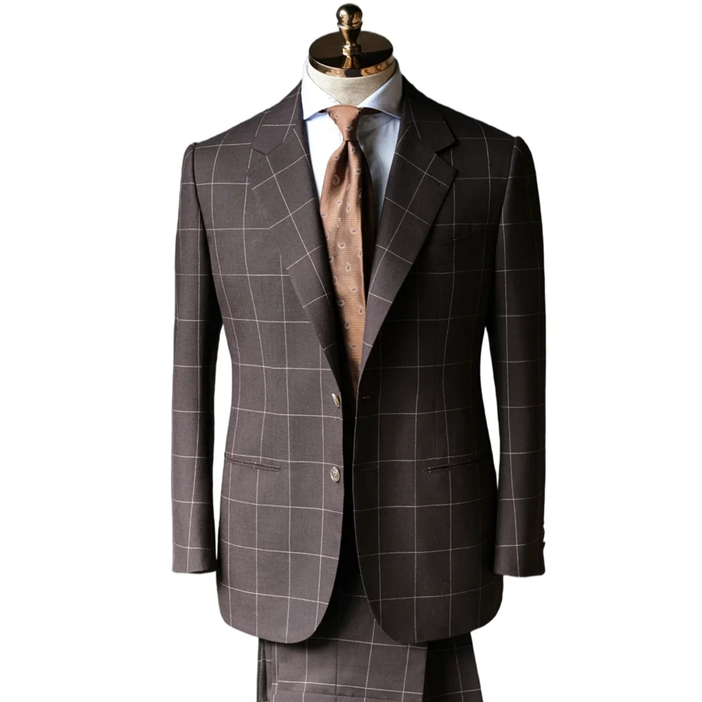 

Chocolate Plaid Men Suits Brown Jacket Slim Formal Wedding Groom Prom Fashion Male 2 Pieces Set/Blazer Pants Custom Made Homme