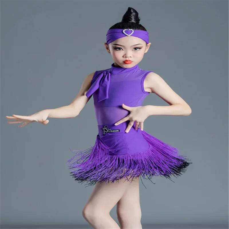 Latin Dance Dress Girls Cha Cha Dance Costume Fringe Dress Rhodo/Purple Kids Latin Competition Dress Samba Practice Wear