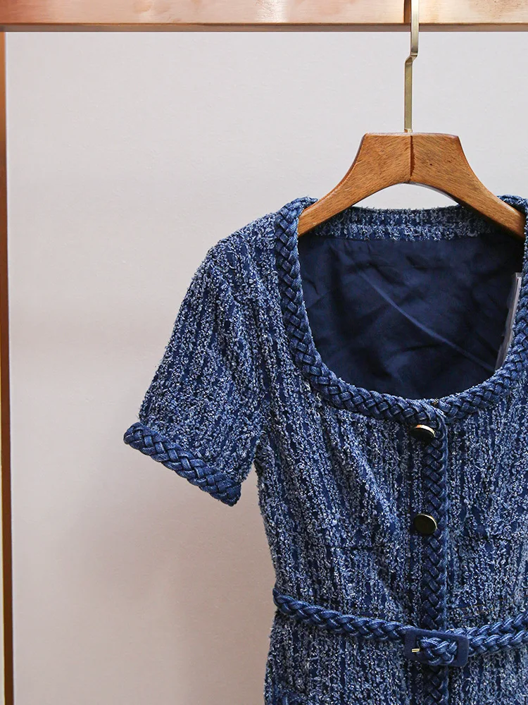 Women Blue Tweed Dress Square Collar Short Sleeve Single Breasted Vintage Autumn 2024 Mini Robe