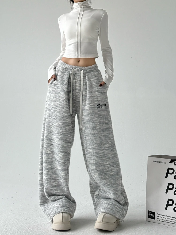 الرجعية الأمريكية المطرزة Fce اصطف مرونة الخصر Sweatpants المرأة شتاء جديد فضفاض الطابق طول السراويل العصرية