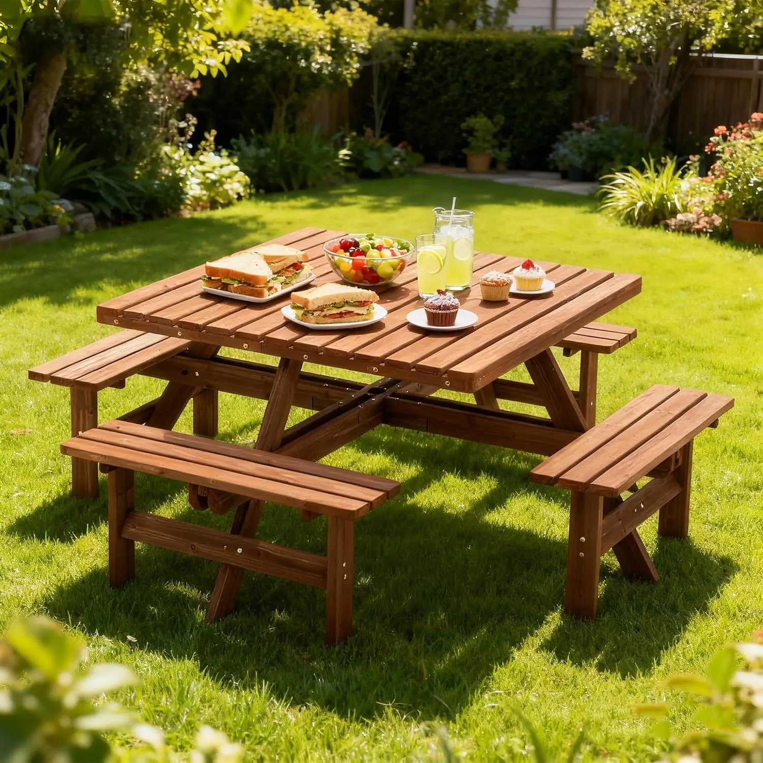 Wood Picnic Table Bench Set for 4-8 Person, Square Picnic Tables for Outdoor with Umbrella Hole and Benches