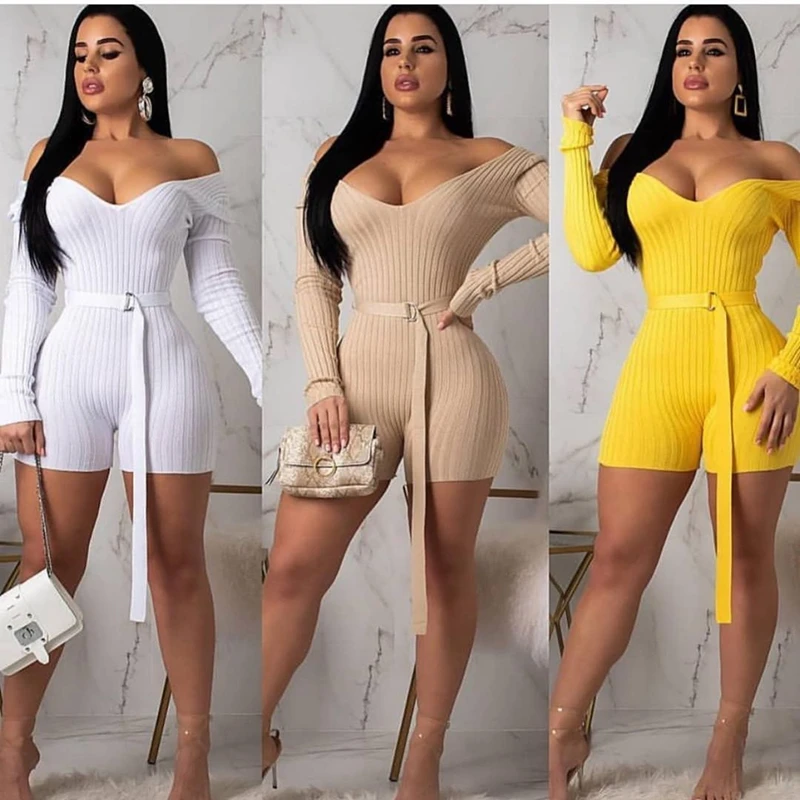 

Off Shoulder Knit Jumpsuit Women Winter Autumn Long Sleeve Ribbed Short Sexy Playsuits Rompers Elegant Party Bodycon Jumpsuit