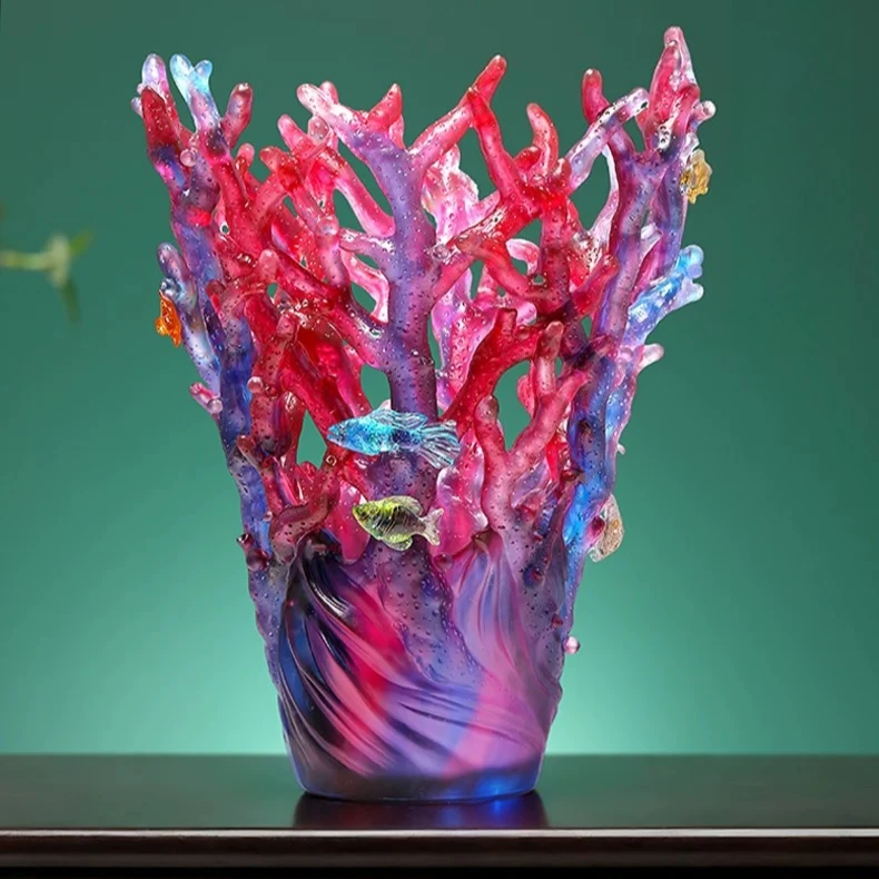 Creative 3D Coral Fish Glass Vase, Colorful Floral Crystal Vase,Embossed Love Style Fashion Trend Ornament,Collectible Home Deco