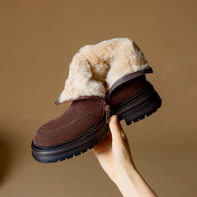 

НОВЫЕ зимние женские ботинки из коровьей замши, женская обувь с круглым носком на массивном каблуке, повседневные плюшевые короткие ботинки на молнии, повседневная обувь