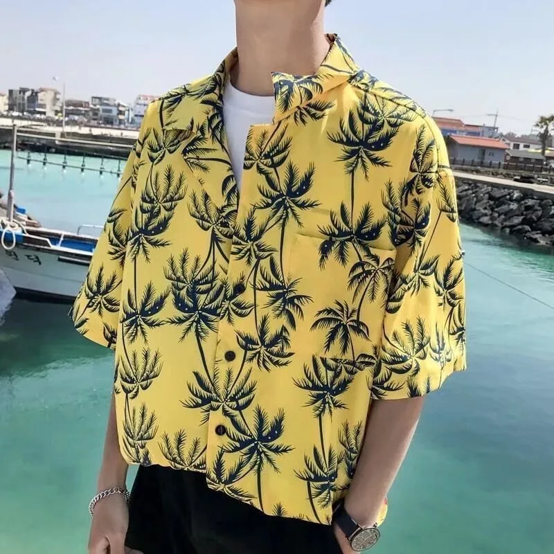 Cool and Handsome Full Print Short Sleeve Shirt for Men's Summer Hawaii Style Vacation Beach Flower Shirt