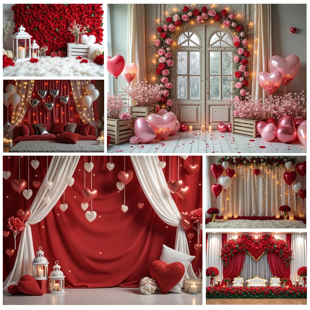 

MOON.QG Valentine's Day Window Curtains Backgrounds For Photographs Heart Balloon Glittrt Light Backdrop Photobooth Accessories