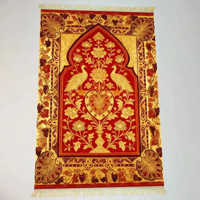 VIKAMA Golden Peacock Floral Arch Islamic Prayer Mat, Portable and Foldable Prayer Mat, Muslim Prayer Rug, Home Decor