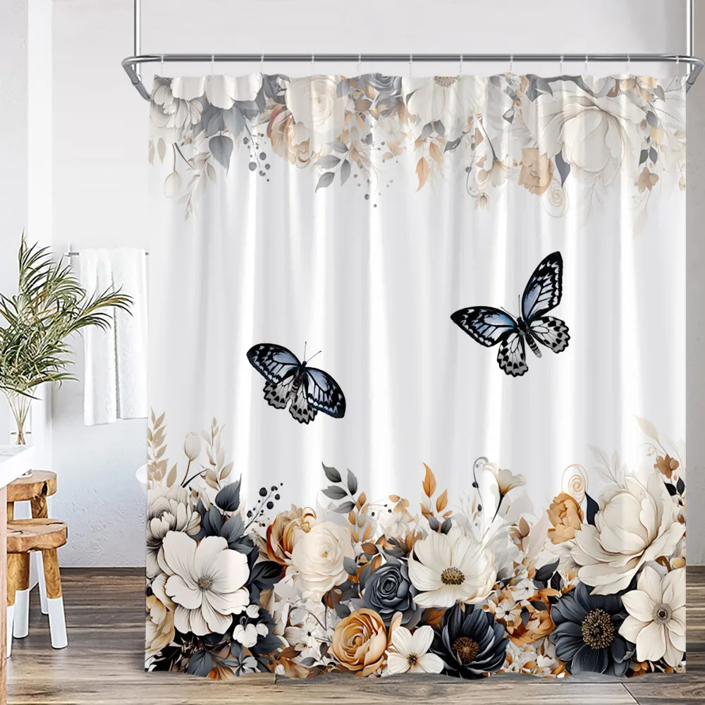 Butterfly Floral Shower Curtain Boho Flower Poppy Purple Blossom 3D Flowers Elegant Modern Bathroom Decor Polyester Bath Curtain