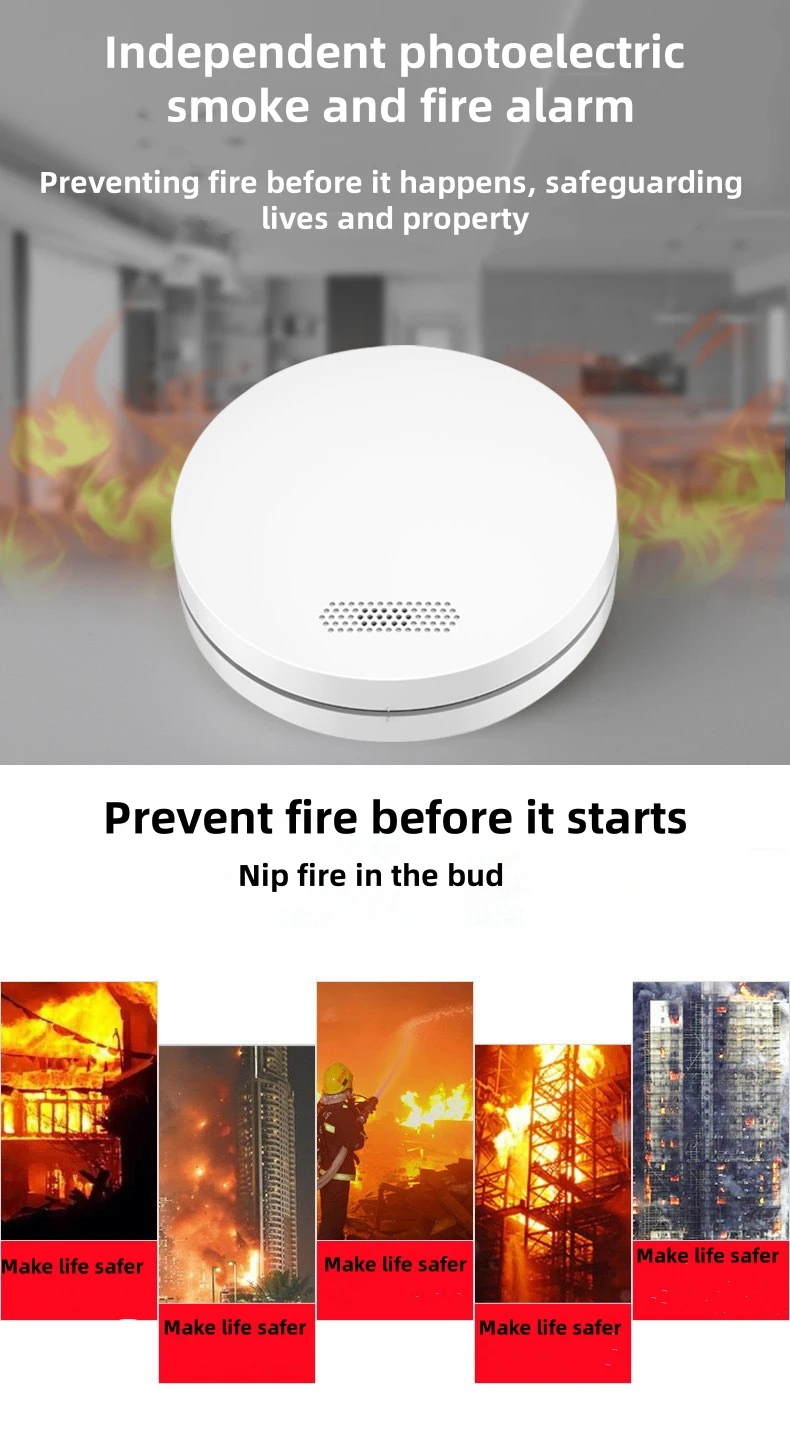 Sensor Detector de humo inteligente Wifi, alarma de humo inalámbrica de protección contra incendios, Sensor de humo de prevención de seguridad de alta sensibilidad, 80DB