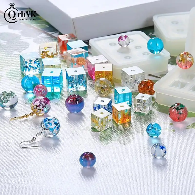 DIY Epoxy Jewelry Mold Resin Molds For Jewelry Transparent Rectangle Silicone Bead Mould Square Ball 6 Hanging Holes