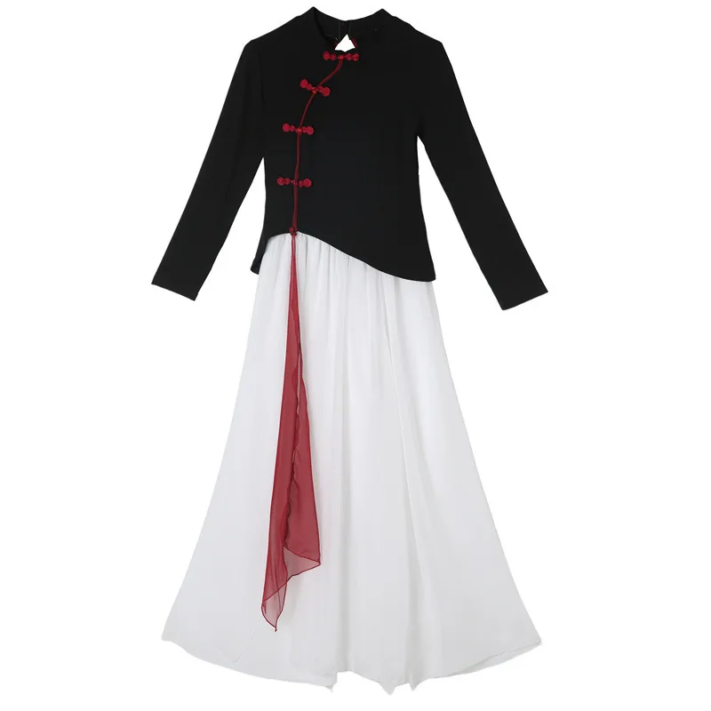 Traje de danza clásica Body Rhyme estilo chino ropa Cheongsam mejorada Top negro de manga larga para mujer