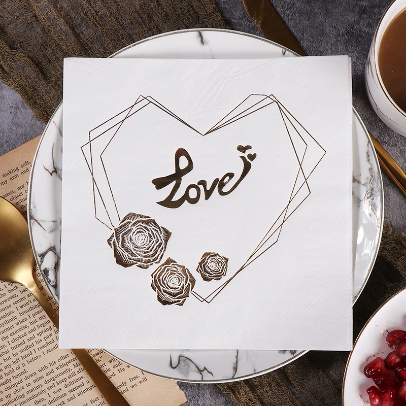 16pcs High-end Rose Hot Stamping Coloured Paper Napkins Wedding Printing Napkins LOVE Hot Stamping Pure Wood Pulp Wedding Paper