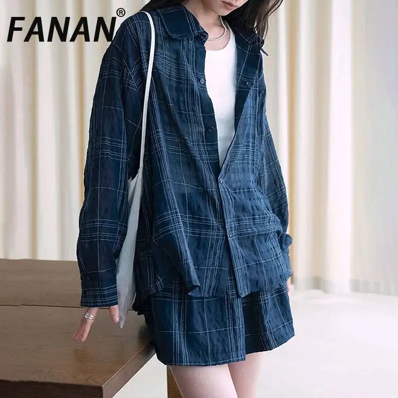 FANAN Vintage Women Navy Plaid Long Sleeve Shirt Loose Lapel Button Sheer Casual Outfit Summer Sun Protection Clothing