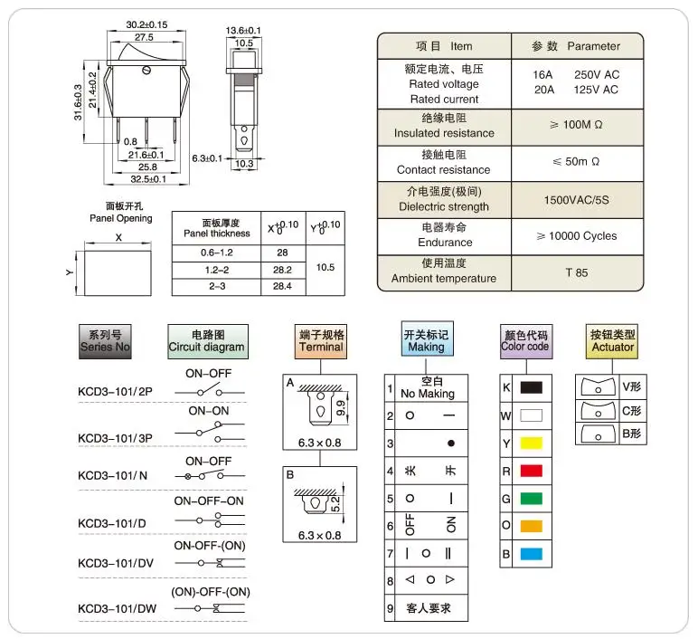 5PCS KCD3 2 positions 2PIN Black Red button Boat switch Rocker Switch Without light ON/OFF 16A 125VAC 250VAC