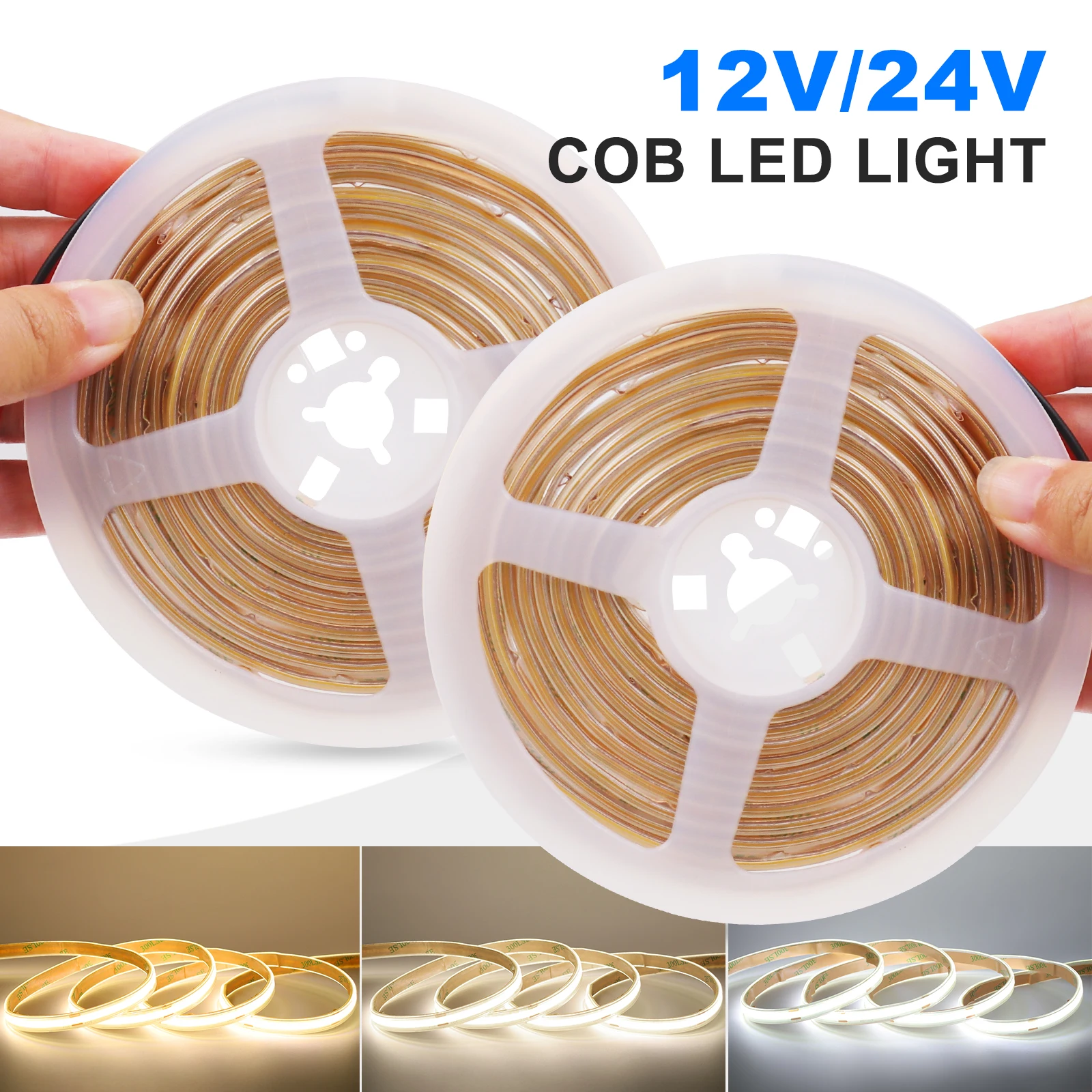 12V 24V COB LED Strip Light With 2PIN Wire DC Plug 480LEDs/m Flex Tape High Density Lights Natural Warm White 0.5m 1m 5m 10m 20m