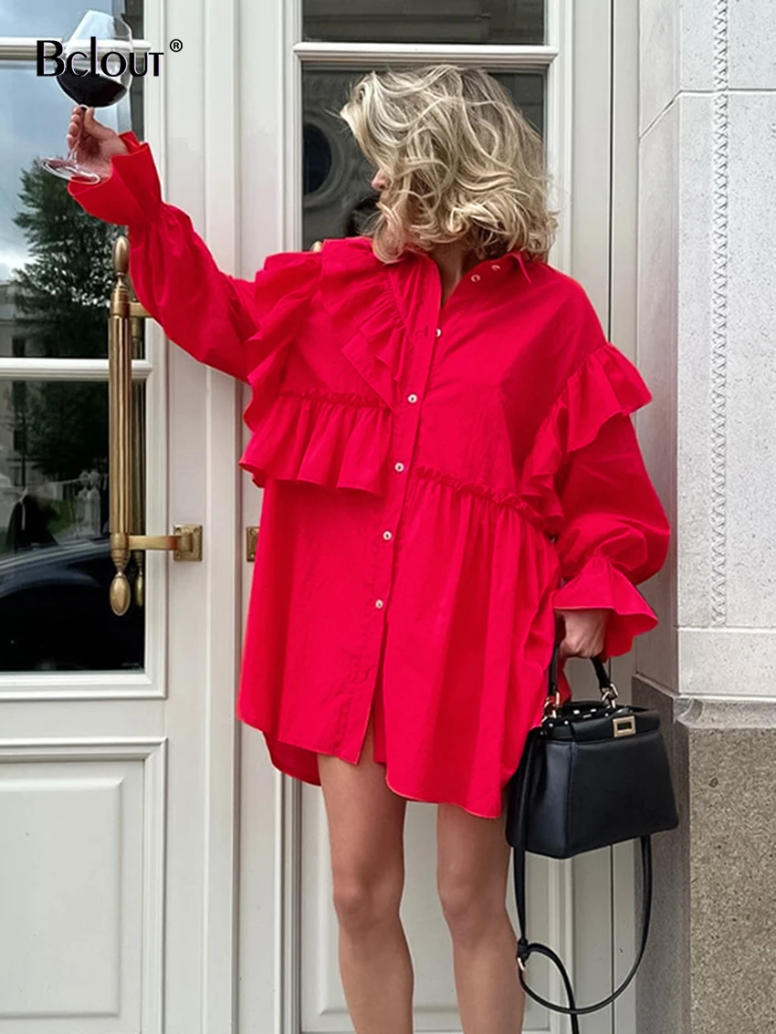 Bclout Fashion Ruffled Red Dress Women 2023 Elegant Office Lady Patchwork Sexy Shirt Dress Autumn Cotton Solid Mini Dresses Chic