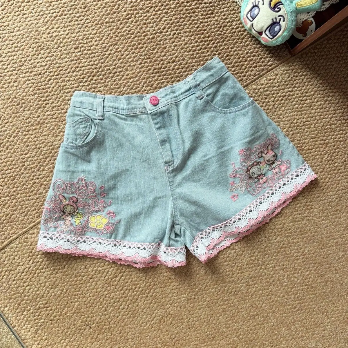 Japanese Cute Cartoon Mp Embroidery Jojifuku Denim Shorts Autumn New Sweet Girl All Match Lace Ruffle Pantalones Cortos De Mujer