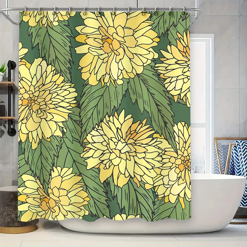 

Занавеска для душа с желтым цветком, зеленые листья, украшение для ванной, тканевый ковер, дверная панель, домашний декор, водонепроницаемая печать, затвор для ванной комнаты
