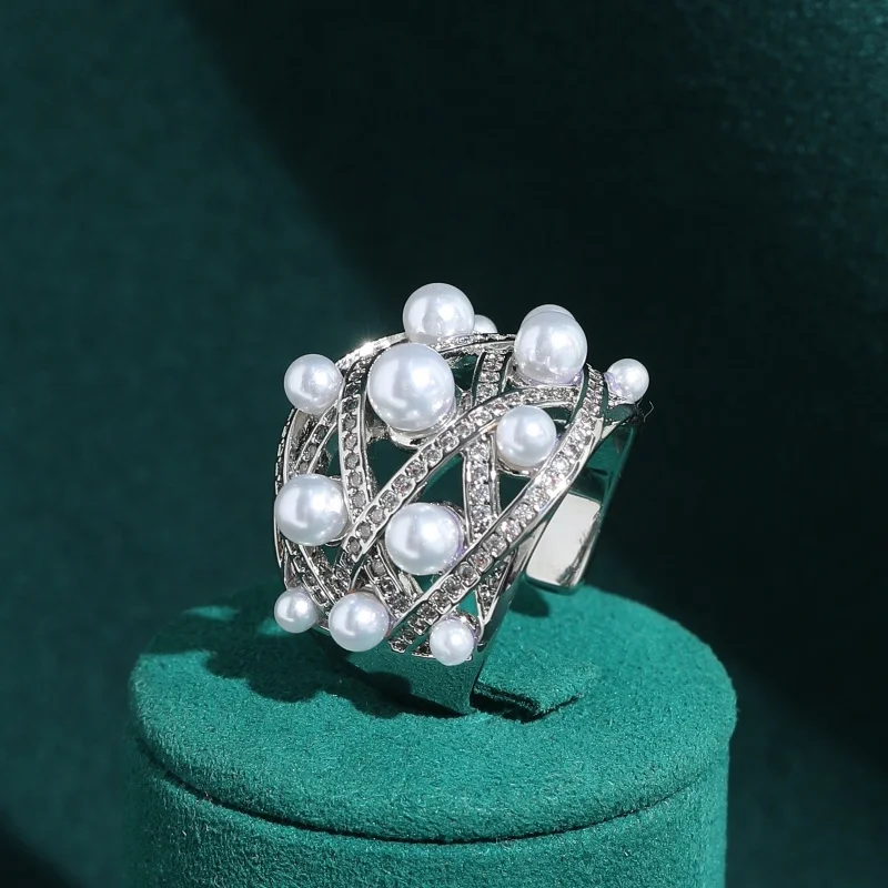 

Vintage Pearl Ring Elegant High Quality for Woman Branded Luxury Silver Color Jewelry Hollow Anniversary Trends 2026 Accessories