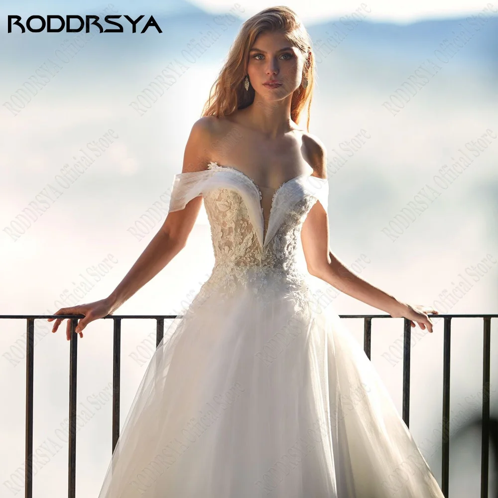 RODDRSY Princess Wedding Dress For Bride Off Shoulder V-Neck Backless Bride Gowns A-Line Lace Applique Civil vestido de noiva