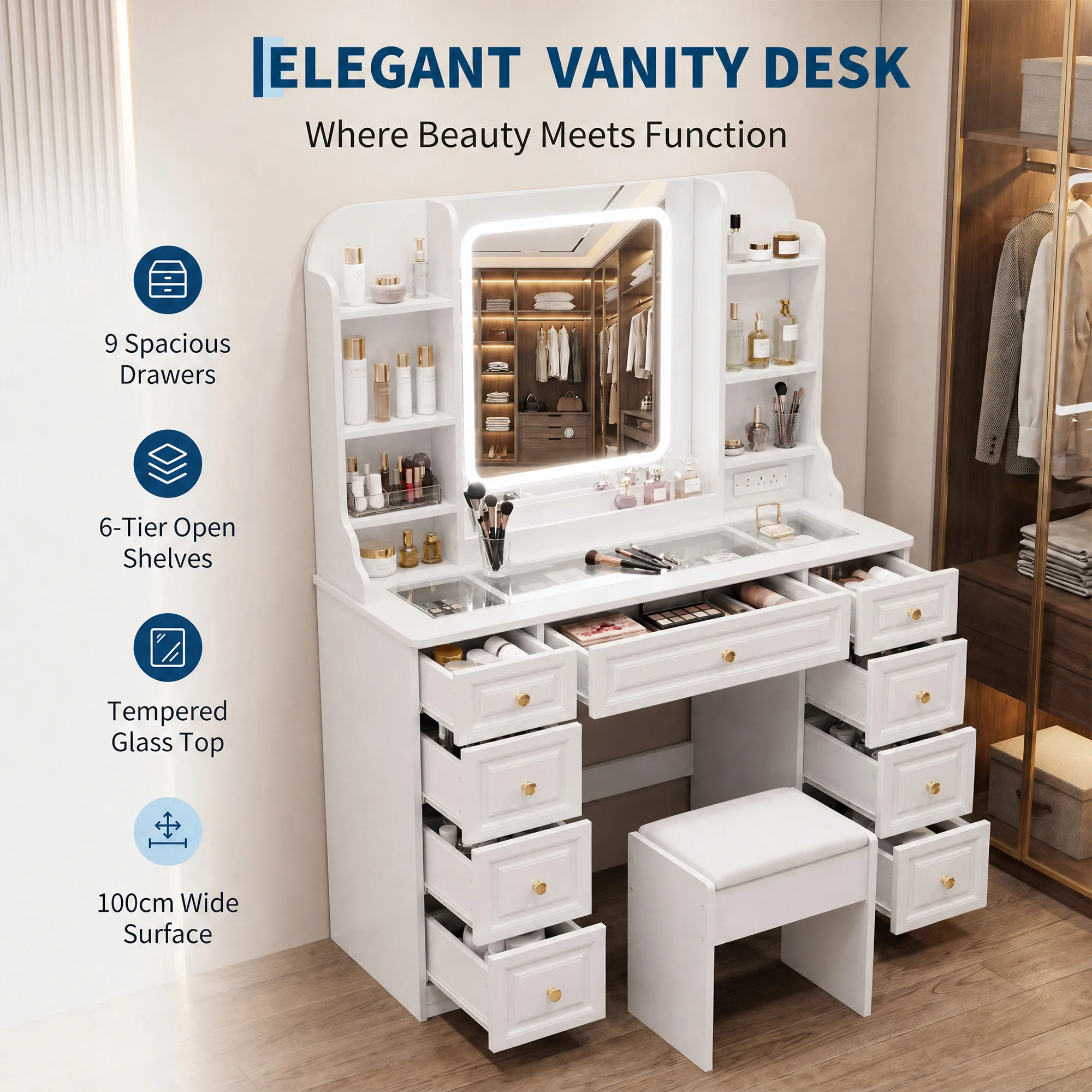 Makeup Vanity Desk With Lighted Mirror, Glass Top, 9 Drawers, Charging Station, Usb Ports, Stool And Storage Shelves For Bedroom
