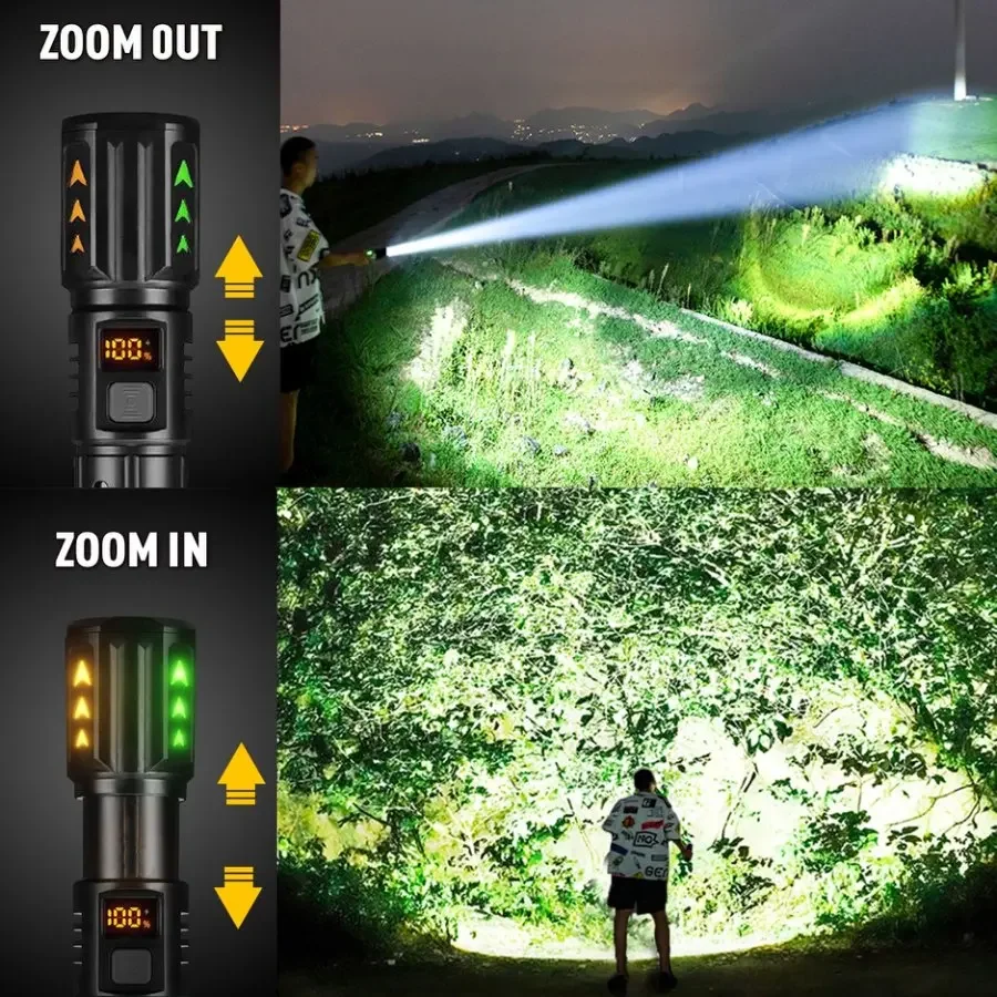 Most Powerful LED Flashlight Type-C USB Rechargeable Long Range Flashlights 3 Lighting Modes Telescopic Zoom Torch