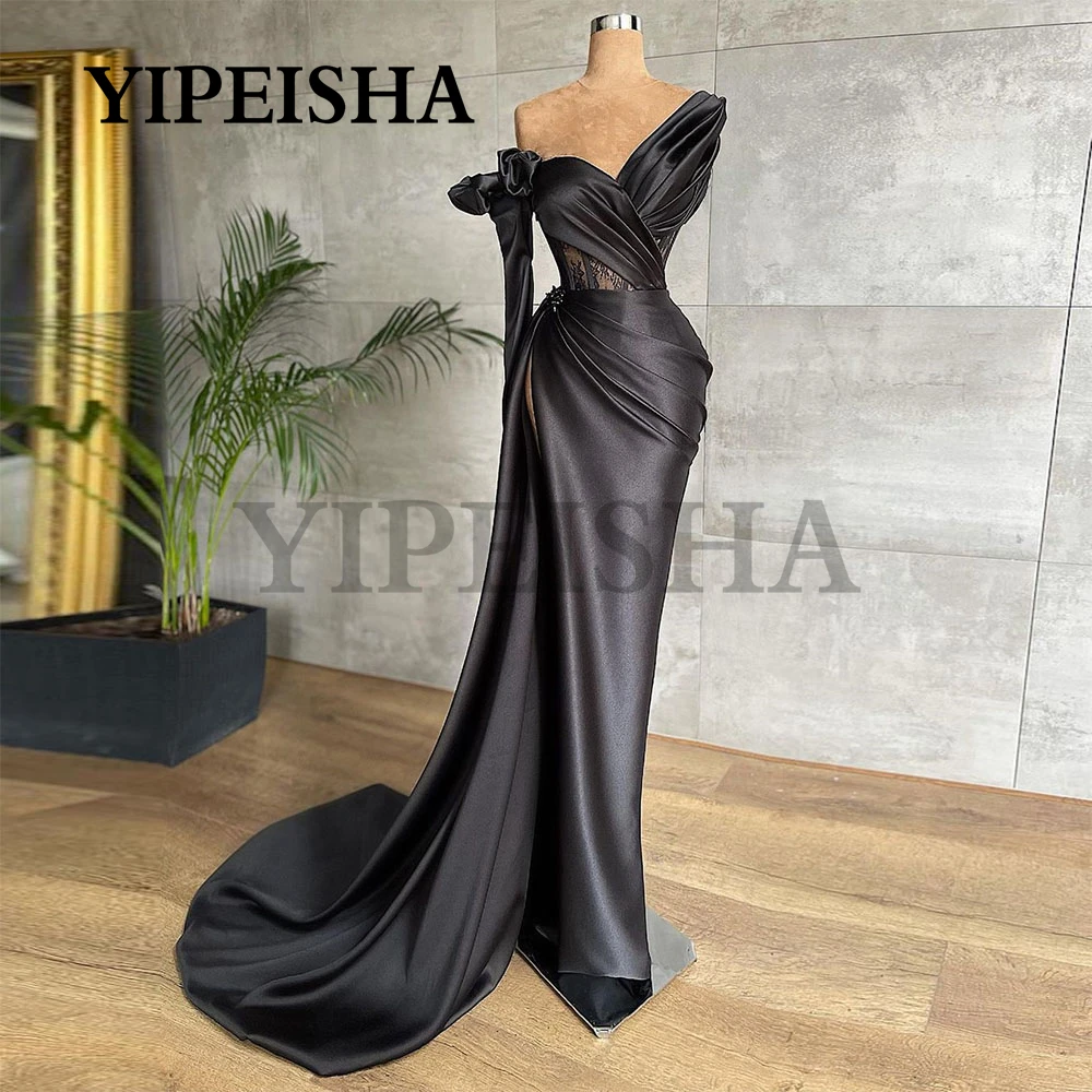 

Simple O-Neck Mermaid Evening Dresses Sweep Train Pleat Lace Party Dress Side Split Black Prom Gown robes de soirée فساتين السهر