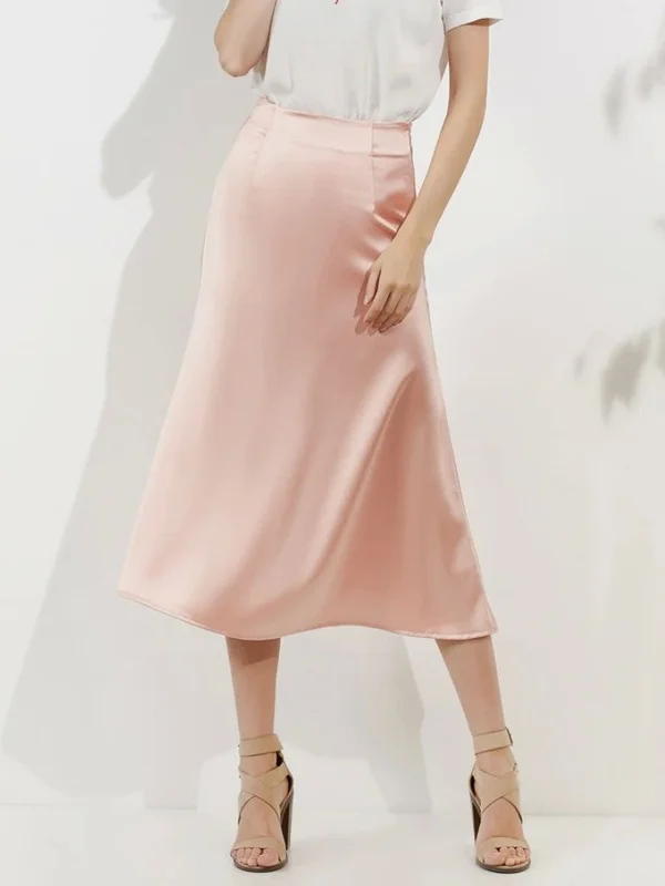 

Korean Sle Silk Satin Skirts for Women Champagne Office Hi mid Waist H-ape Ciwalk PVC Fabric Embroidery Detailing