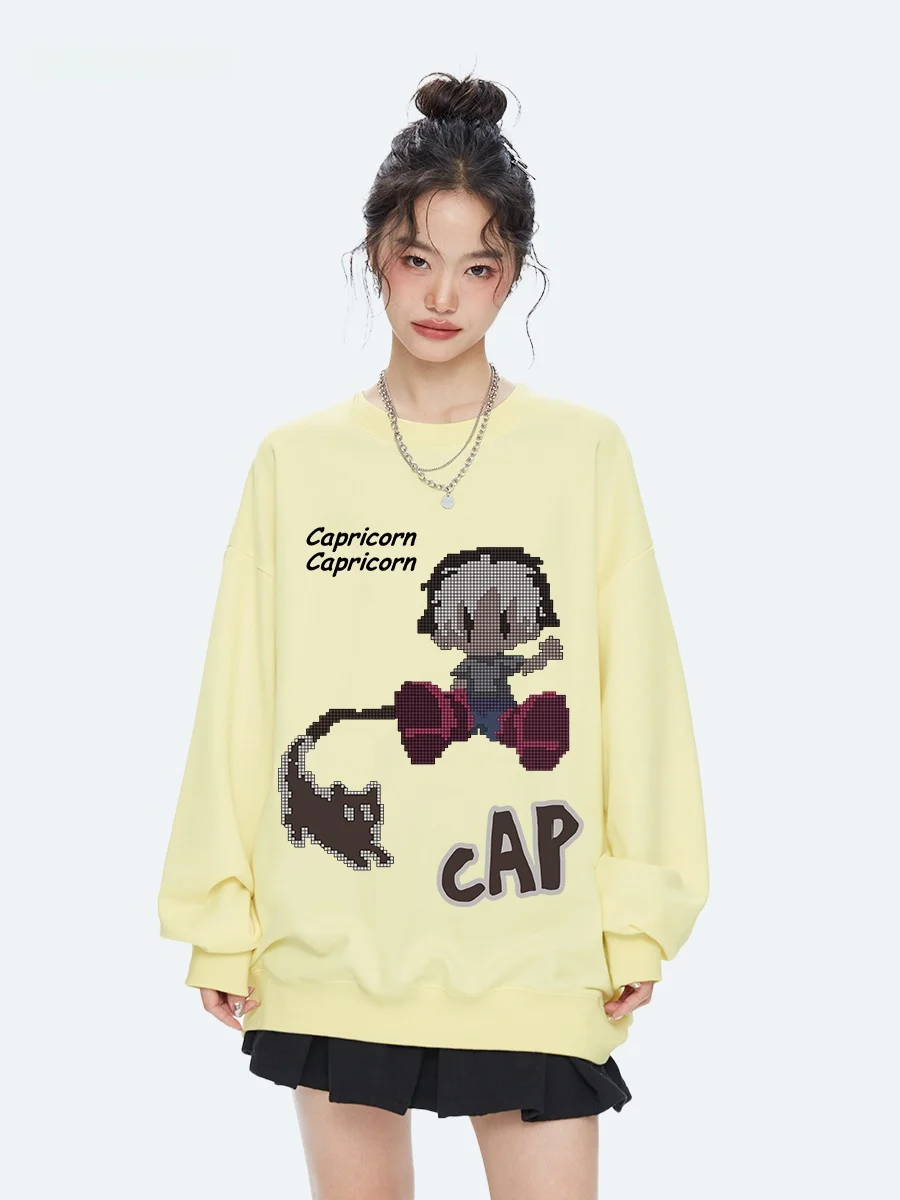 Capricorn Retro Hoody Pixel Art Character Print Women's Autumn Loose round Neck Pullover Jacket Korean Style Commute Wind
