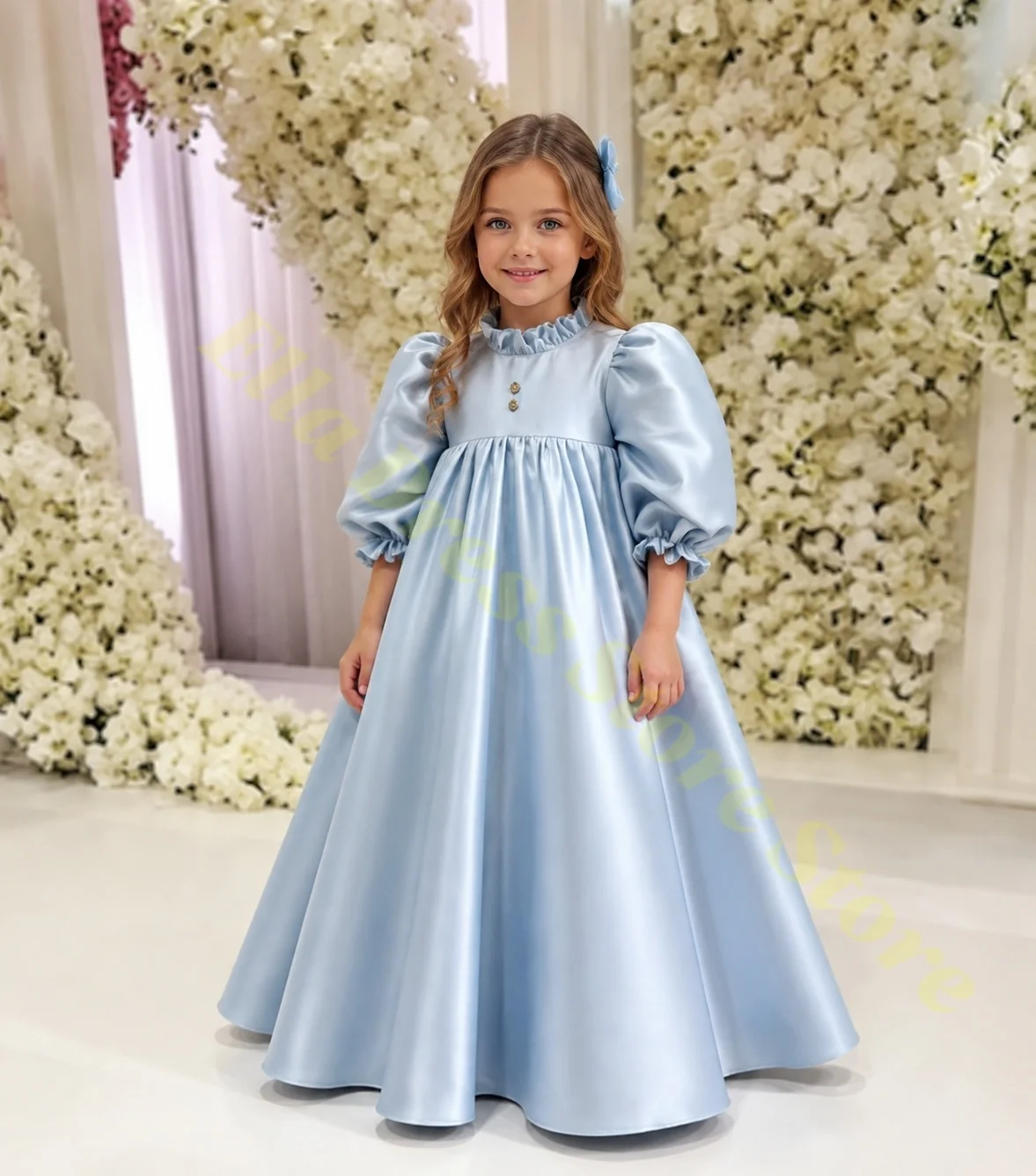 Großhandel Maßgeschneidertes Erstkommunionkleid für Mädchen, Hochgeschnittenes Ballonärmel-Ballkleid aus Satin, Plissiertes Hochzeits-Blumenmädchenkleid nach Maß – Detail 1