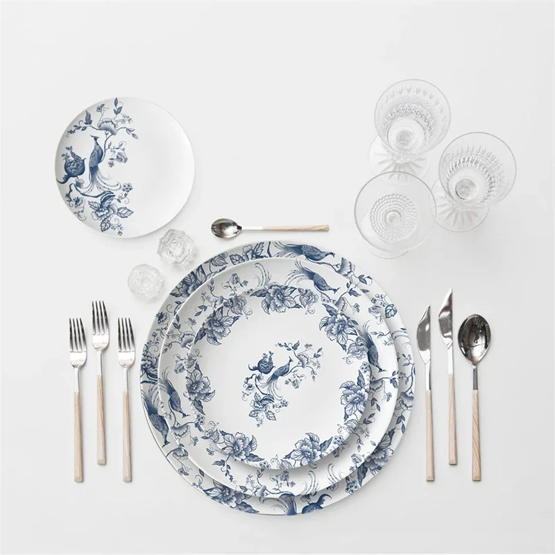 12/10/8/6.5in Round Bone china Tableware European Blue Floral Pasta Plate Ceramic Salad Plate Dinning Plates