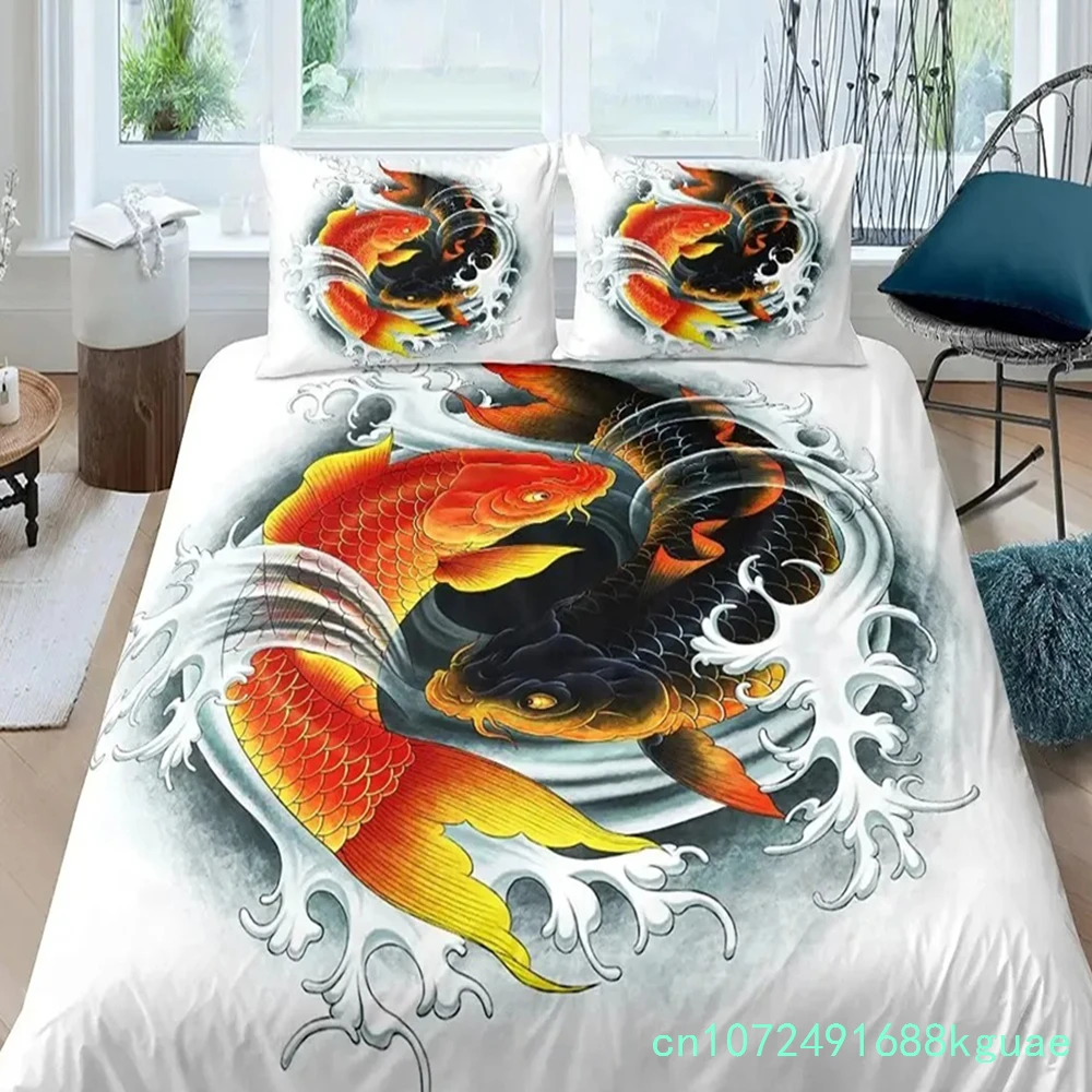 Koi Fish Duvet Cover Set King Size Oriental Asian Culture Lotus Bedding Set Microfiber Twin Cloud Quilt Cover For Girl Farmhouse