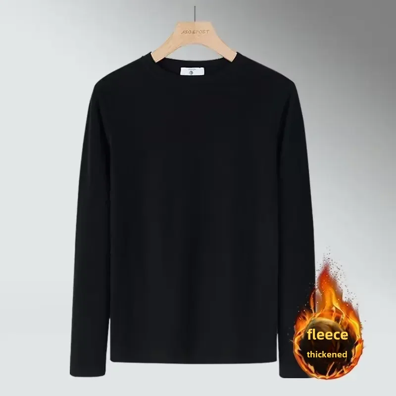 Winter Fleece Men's Long Sleeve T-shirt Trendy Round Neck Solid Color Warm Base Layer Casual Inner Top Trendy Wear