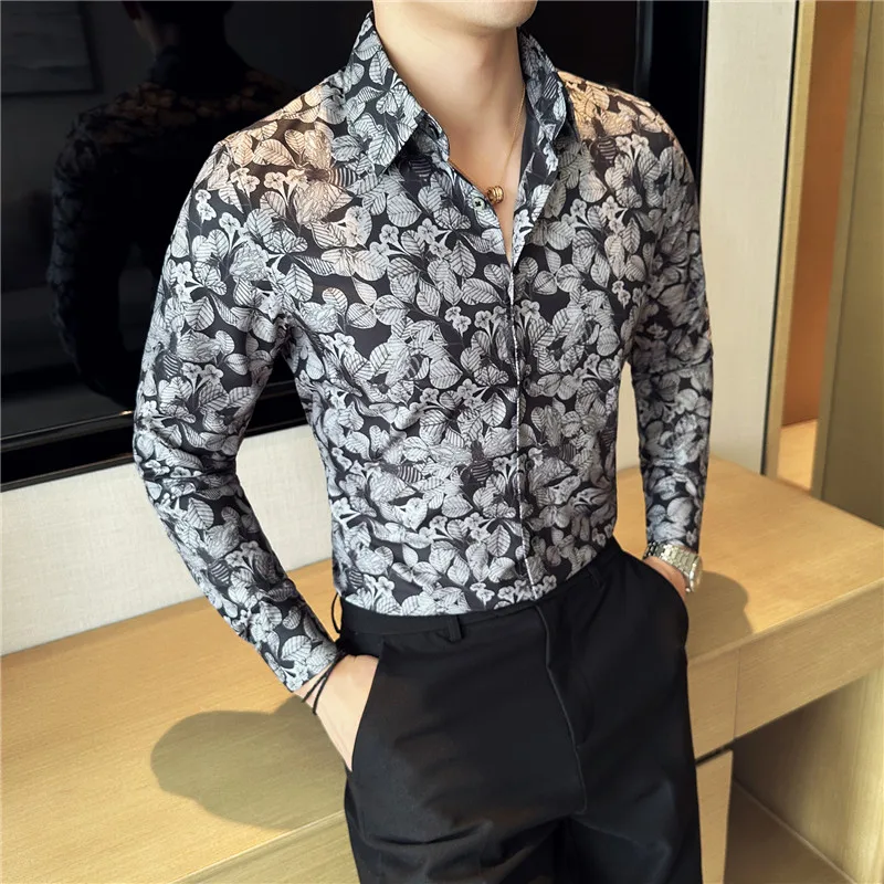 Mens Printed Shirt 2023 Autumn New Long Sleeved Elastic Slim Fit Camisas Club/Prom Tuxedo Dress Shirt Tops Casual Men Clothing