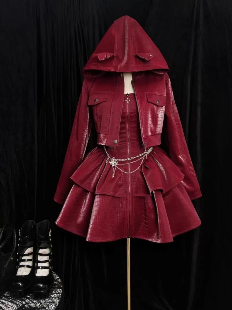 

Gothic Style Red Hooded Short Slim Fit Jacket+ Strap Waist Cinching Dress 2 Piece Set Christmas Gift Autumn Girls New Clothes