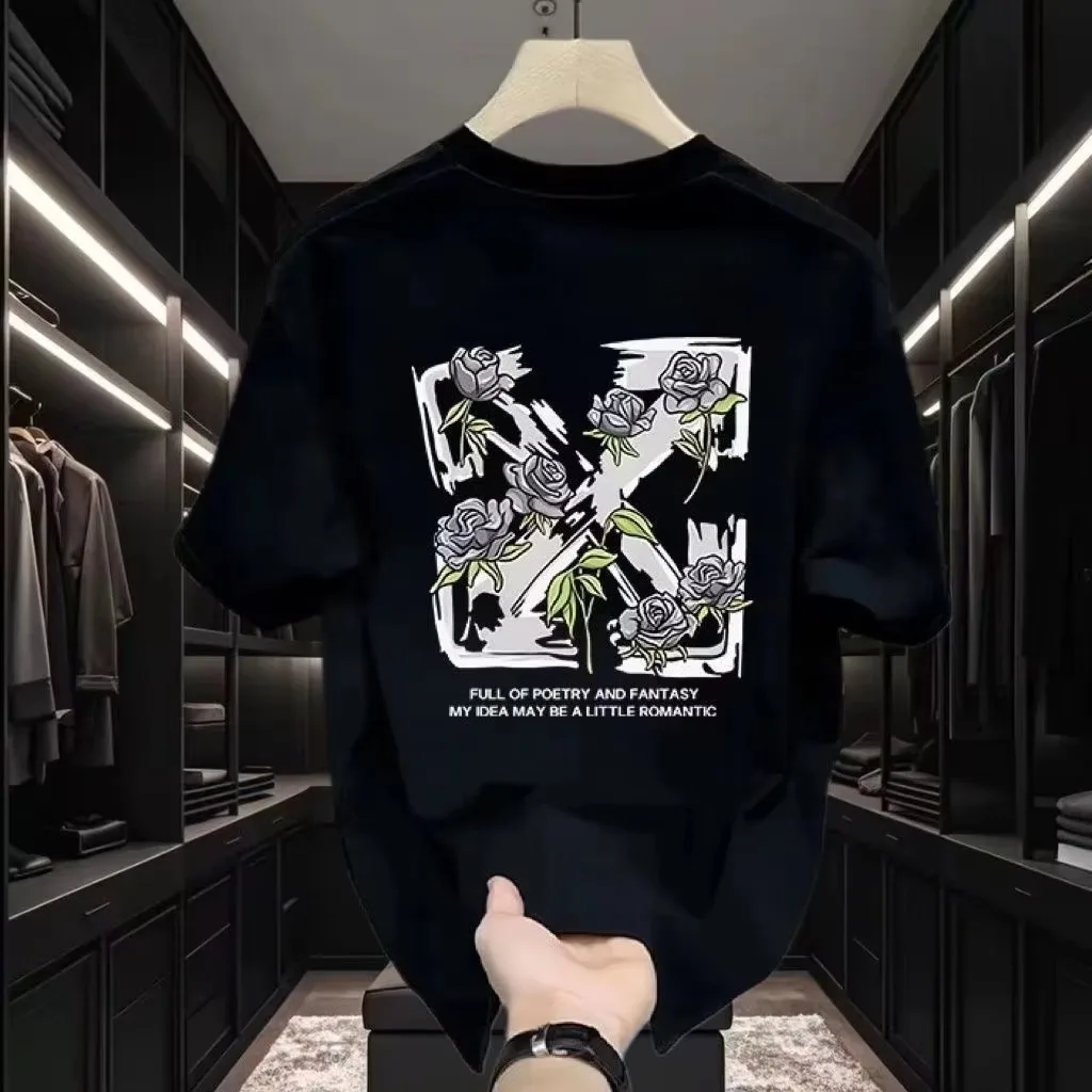 2026 new Abstract Cross Arrow Rose Print Men T-shirt Floral Letter Graphic Oversized Cotton Casual Short Sleeve Tee