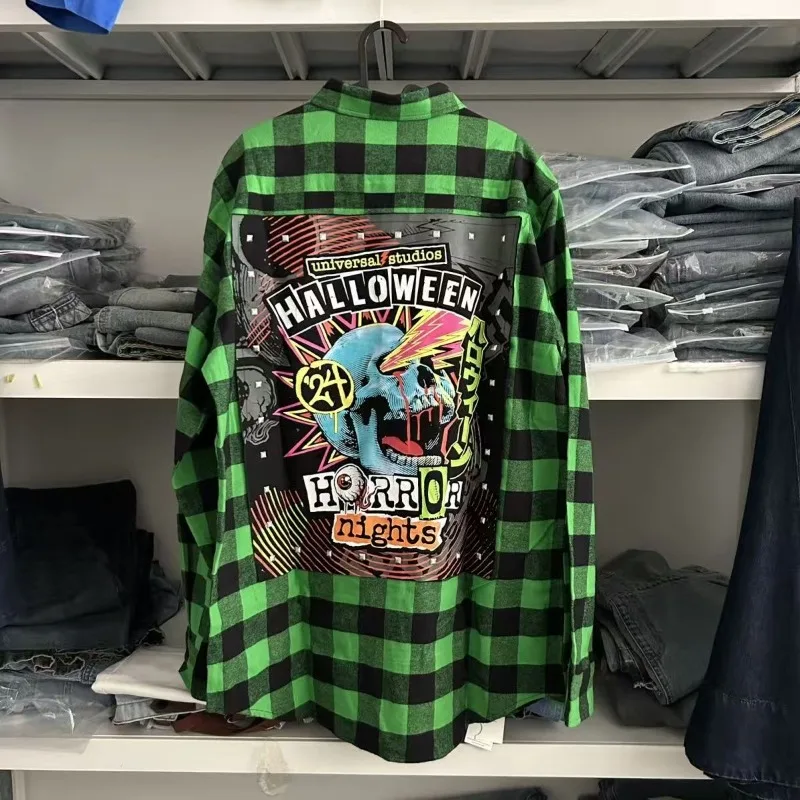 Goth green checkered graffiti versatile personality men long sleeve shirt American Harajuku fashion pullover loose couple top