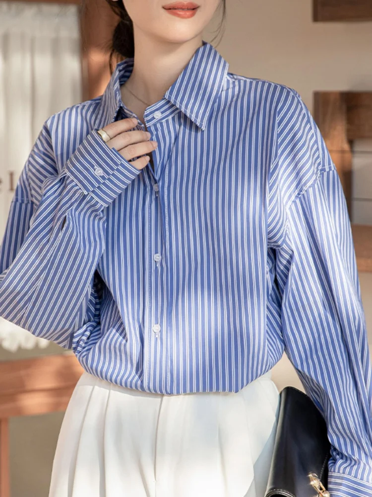 Blauw Gestreepte Lange Sve Dames Irt Lente Herfst 2025, Nieuwe Innerlijke Slijtage Luxe Vintage Top Woon-werk Sle Koreaanse versie