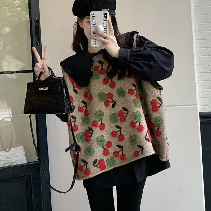 Hikigawa Chic Fashion Women Cherry Jacquard Sweater Knitted Vests Autumn Loose Streetwear Casual Sleeveless Outerwear Tops Mujer