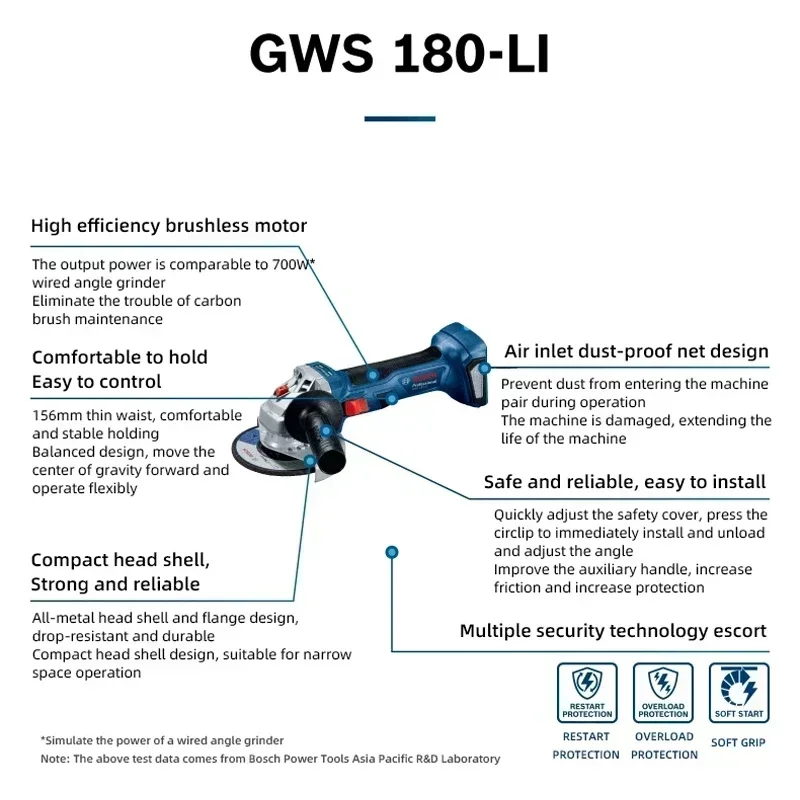 BOSCH GWS 180-LI Cordless Angle Grinder Brushless Motor 100MM Rechargeable Portable Cutting Machine Polisher 18V Grinding Tools