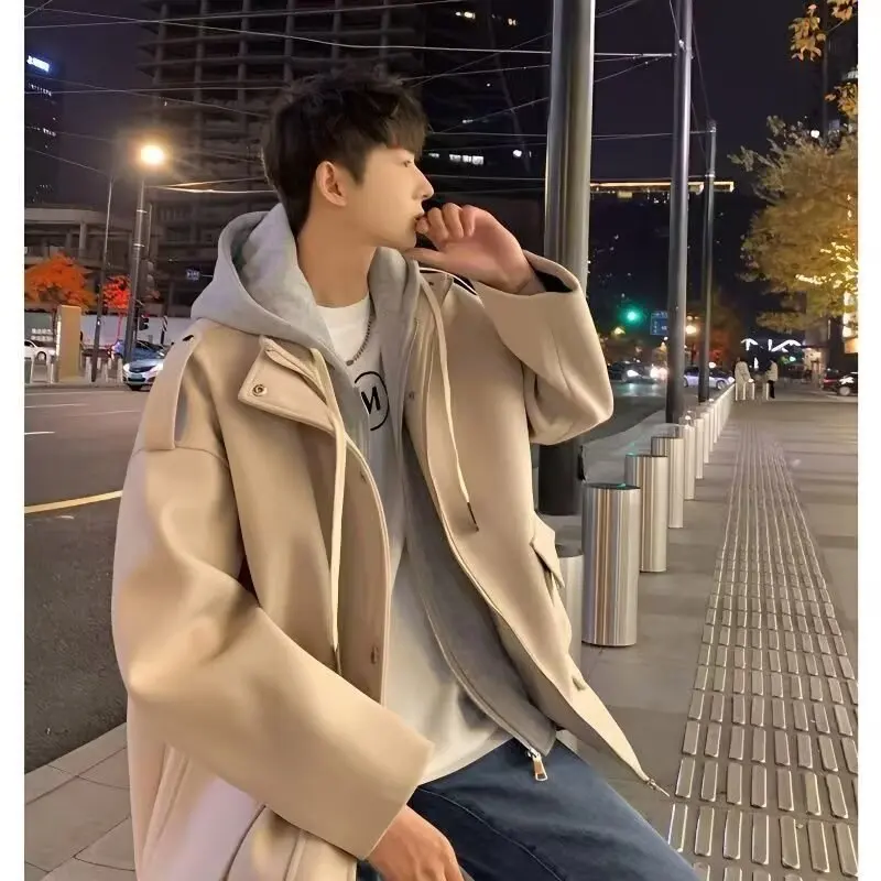 

Loose Fit Men's Winter Jaet Fake Two-Piece Coat Casual Versatile Long Hooded Windbreaker American Hong Kong Sle Coat