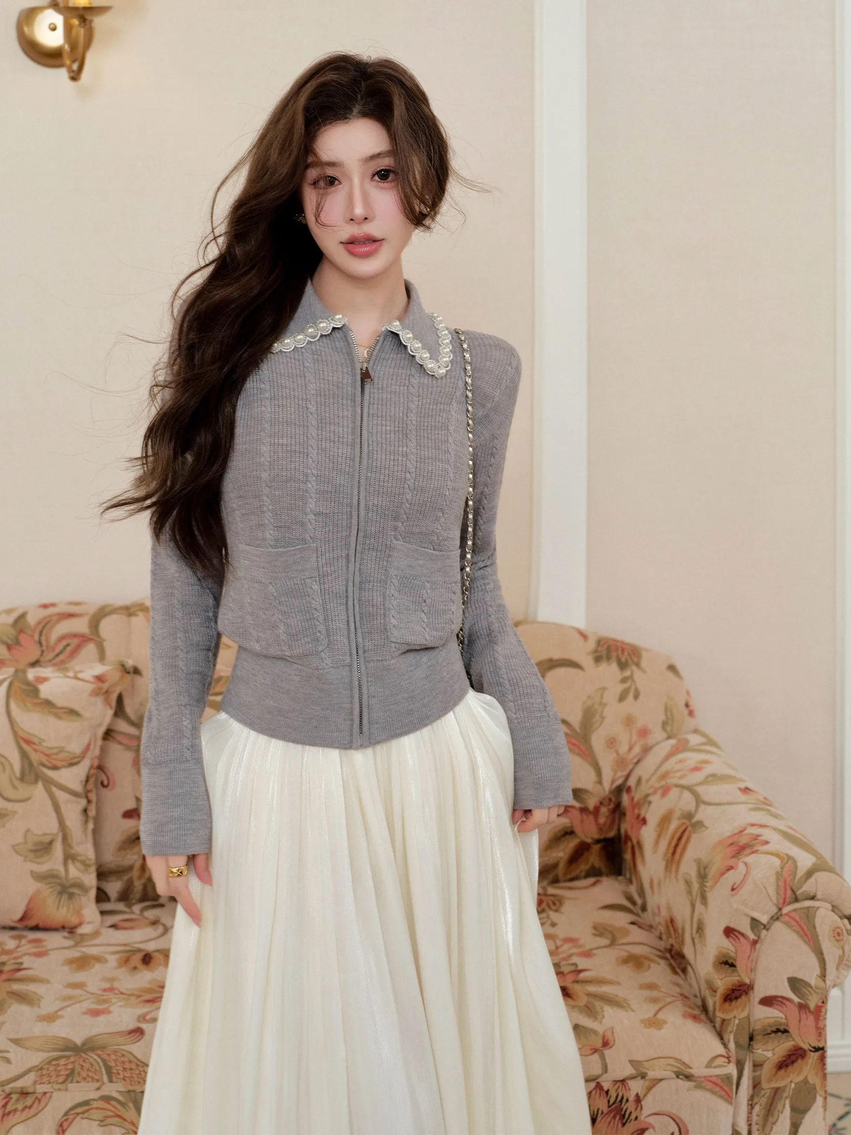 

ORG Yangzi 175 Micron: Женский модный весенний кардиган из миниатюрного трикотажа с воротником-шалью, украшенный серыми бусинами, из шерсти 175 микрон