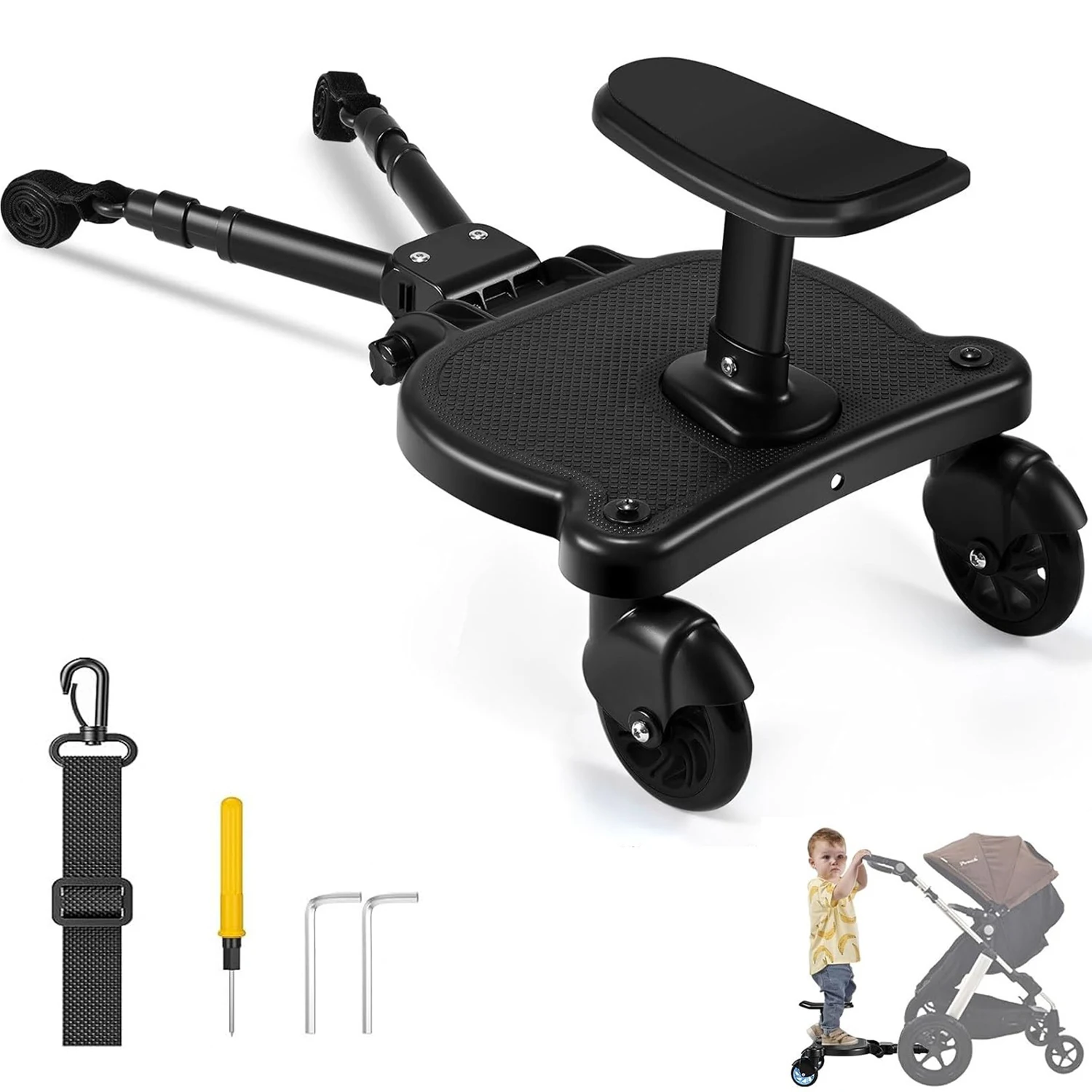 Universelles Kinderwagen-Board mit Rutschfestem Design 360° °   Lenkung mit Komfortabler Rückenlehne Verstellbare Verbindungsstangen 25KG Tragkraft