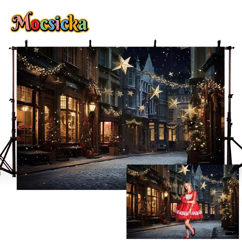 Winter Photography Background Christmas New Year\'s Eve Party Street Scene Star Backdrop Family Portrait Studio Photo Prop