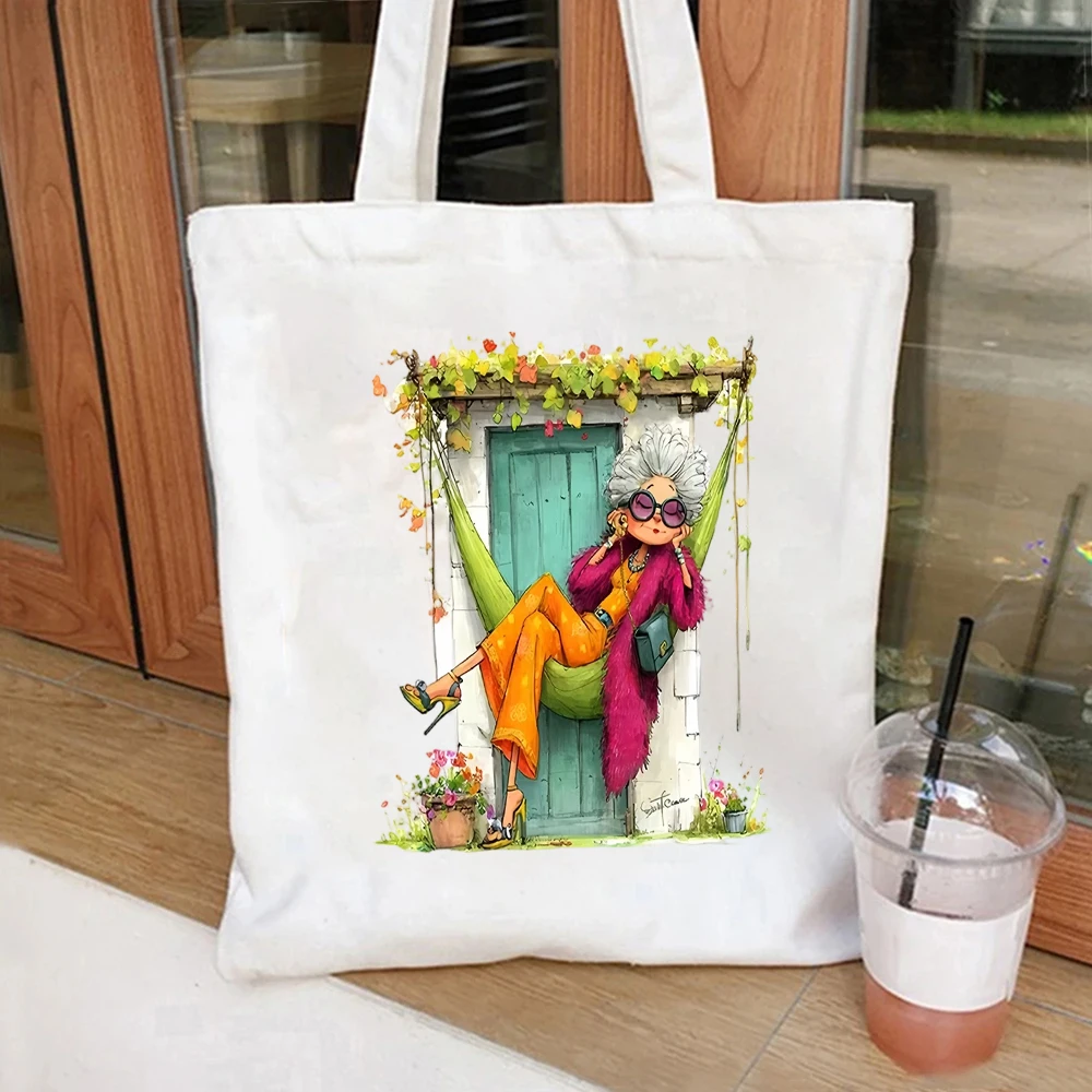 Hammock Leisure Grandma Canvas Tote Bag Floral Door Print Handbag For Holiday Gift Daily Casual Use All Occasions