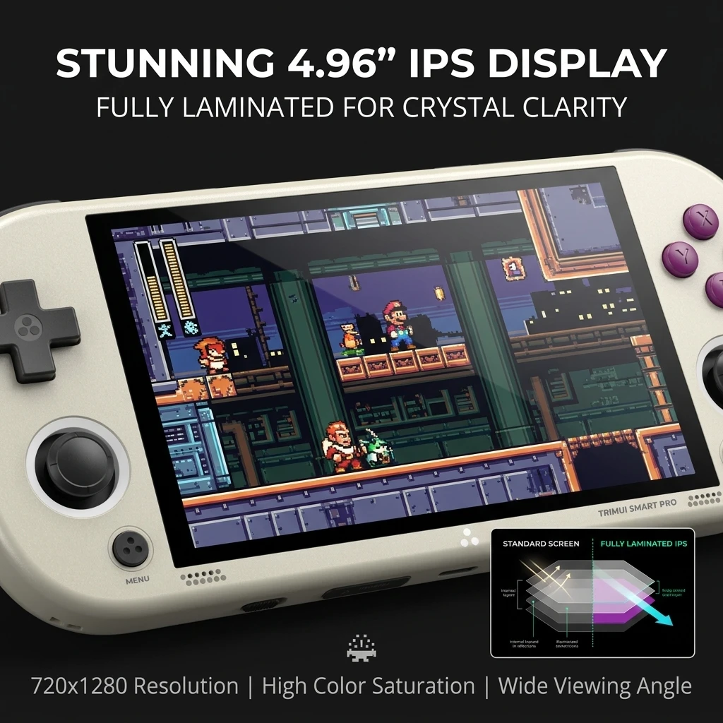 Trimui Smart Pro Retro Gaming Handheld: 4.96-inch screen with 1280×720 resolution, lightweight and portable, compatible with mul